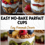 Layered Greek Yogurt Parfait with granola and fruit in clear cups for brunch or meal prep.